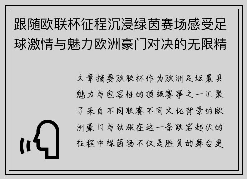 跟随欧联杯征程沉浸绿茵赛场感受足球激情与魅力欧洲豪门对决的无限精彩