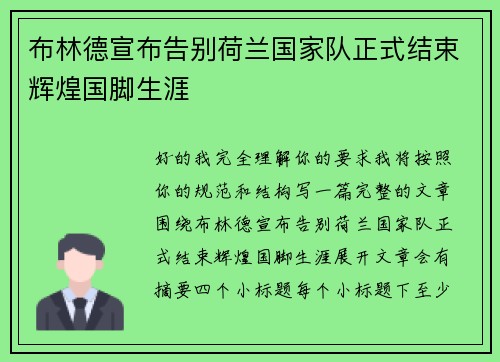 布林德宣布告别荷兰国家队正式结束辉煌国脚生涯